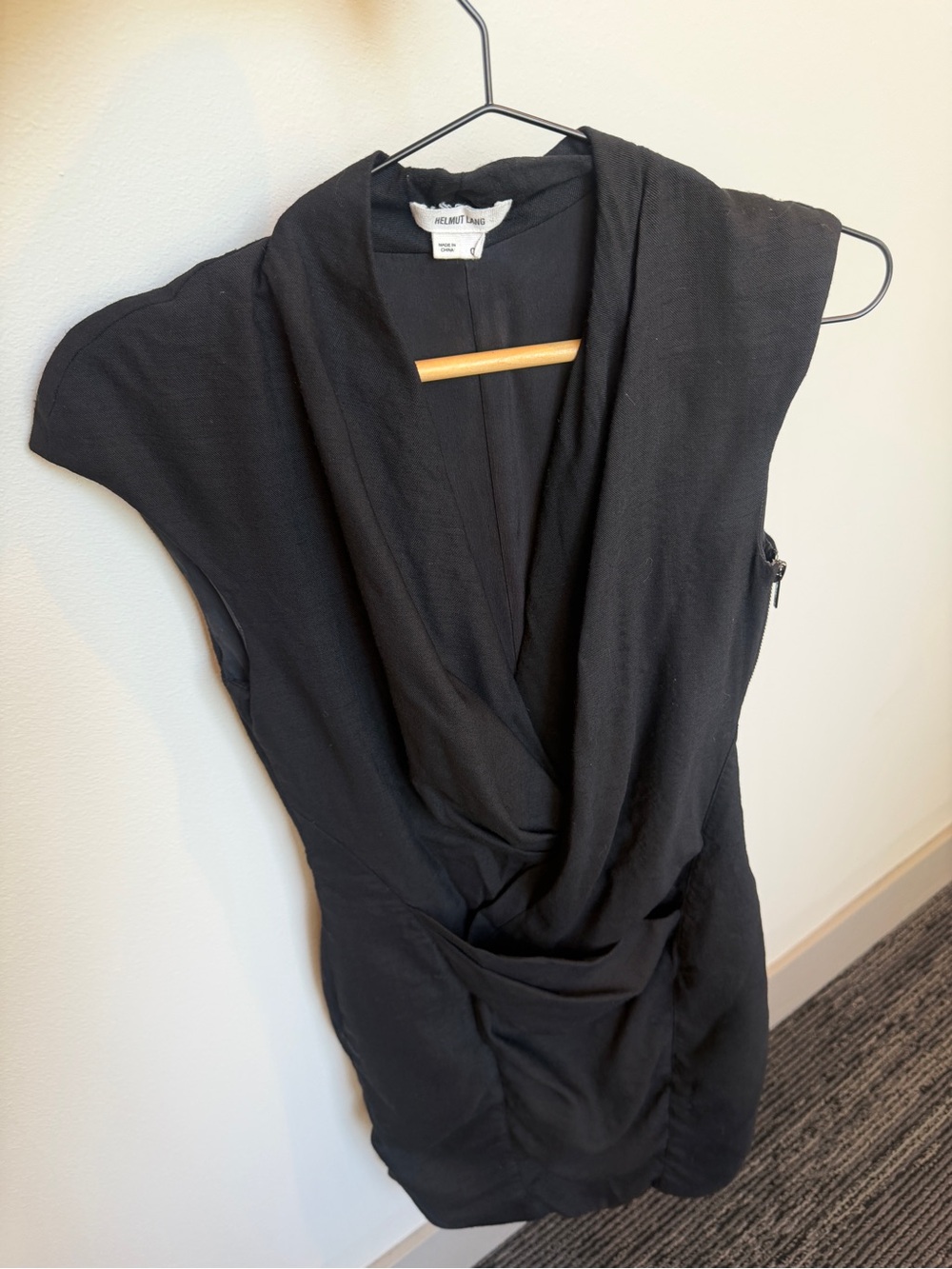 Helmut Lang Black Draped Wool Blend Mini Dress Silk Lined Size 0